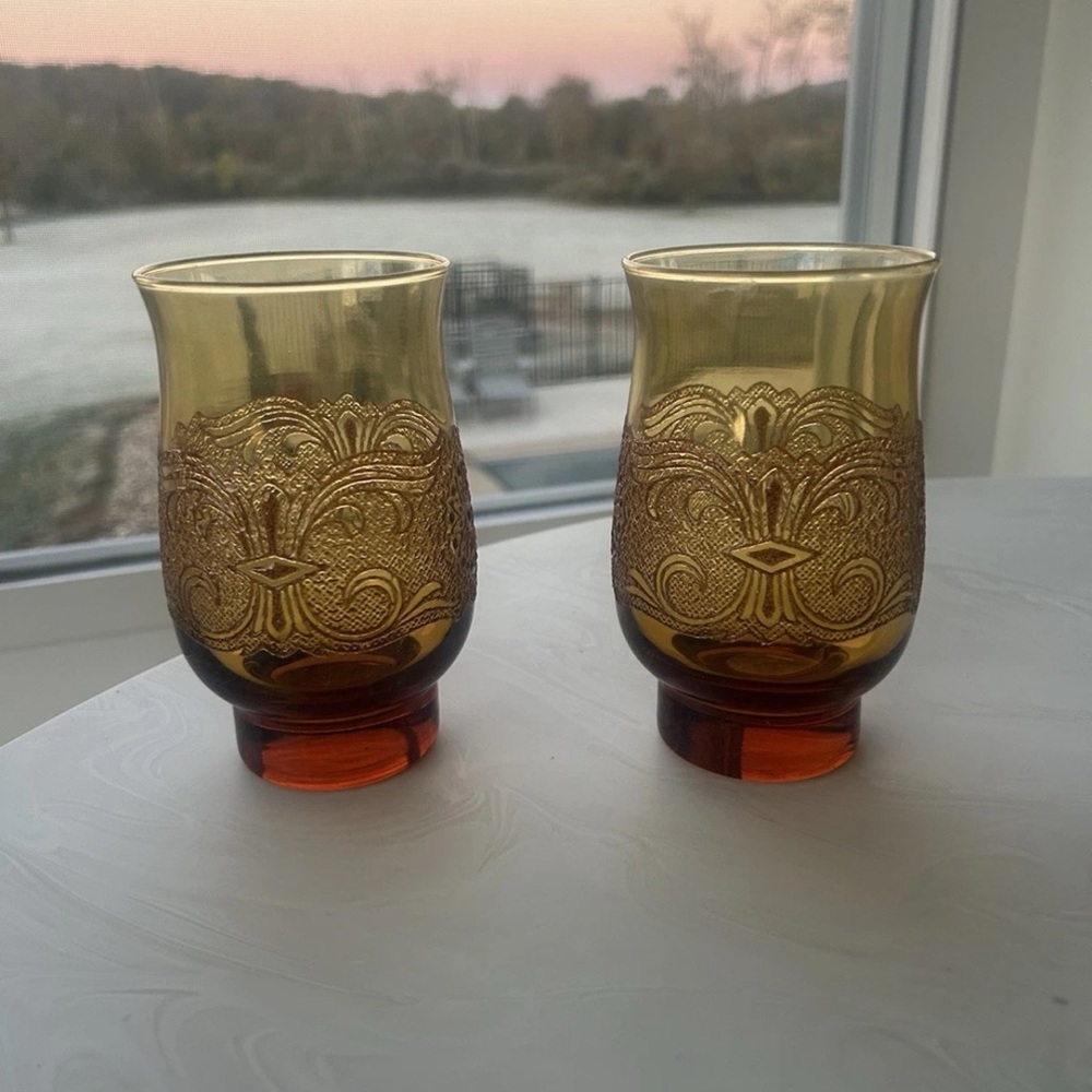 FREE GIFT! Libbey Americana Amber Lace embossed glass tumbler candle holder Boho